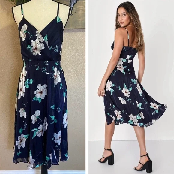 Lulus All About Love Navy Blue Floral Print Midi Dress Party Cocktail - XS - Picture 7 of 10